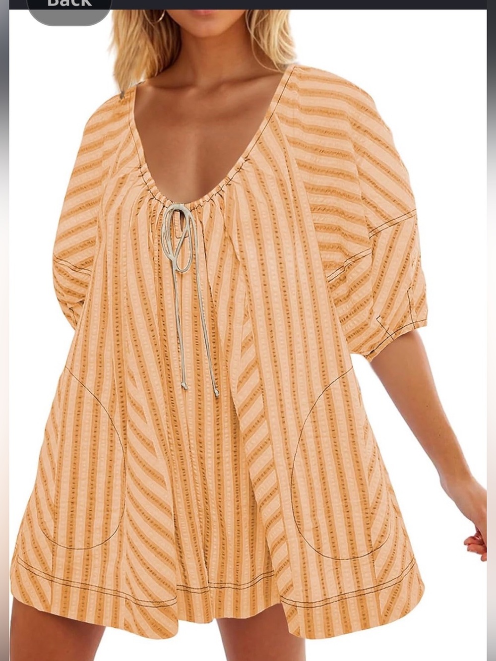 Women's Peach Striped Peasant Top with Tie Neck